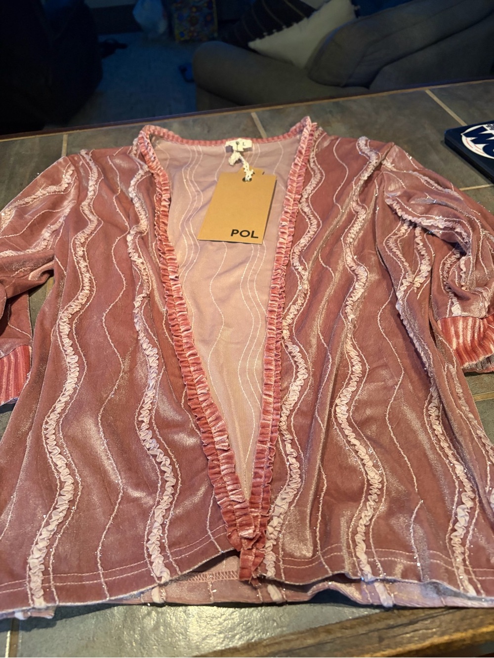 NWT POL Dusty Pink Velvet Open Cardigan with Ruffle Trim- size small